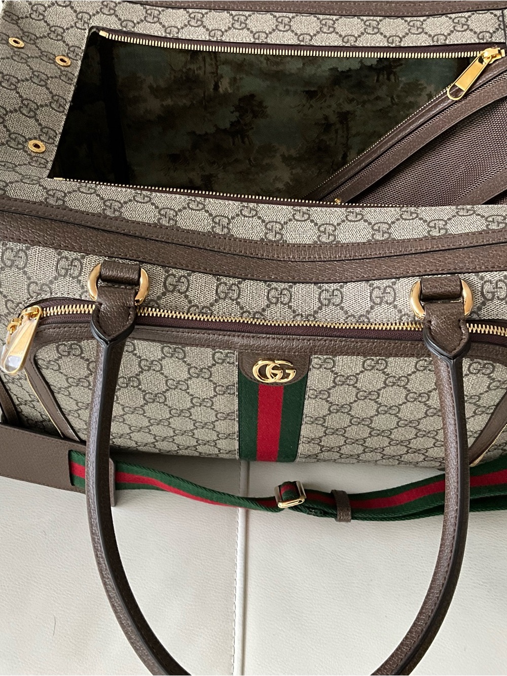 Gucci Beige GG Supreme Canvas Tote with Brown Trim and Green-Red Web Dog Carrier
